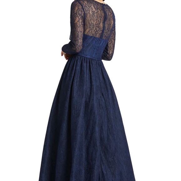 MAC DUGAL LONG SLEEVE LACE OVERSKIRT GOWN NAVY BLUE - Picture 5 of 6
